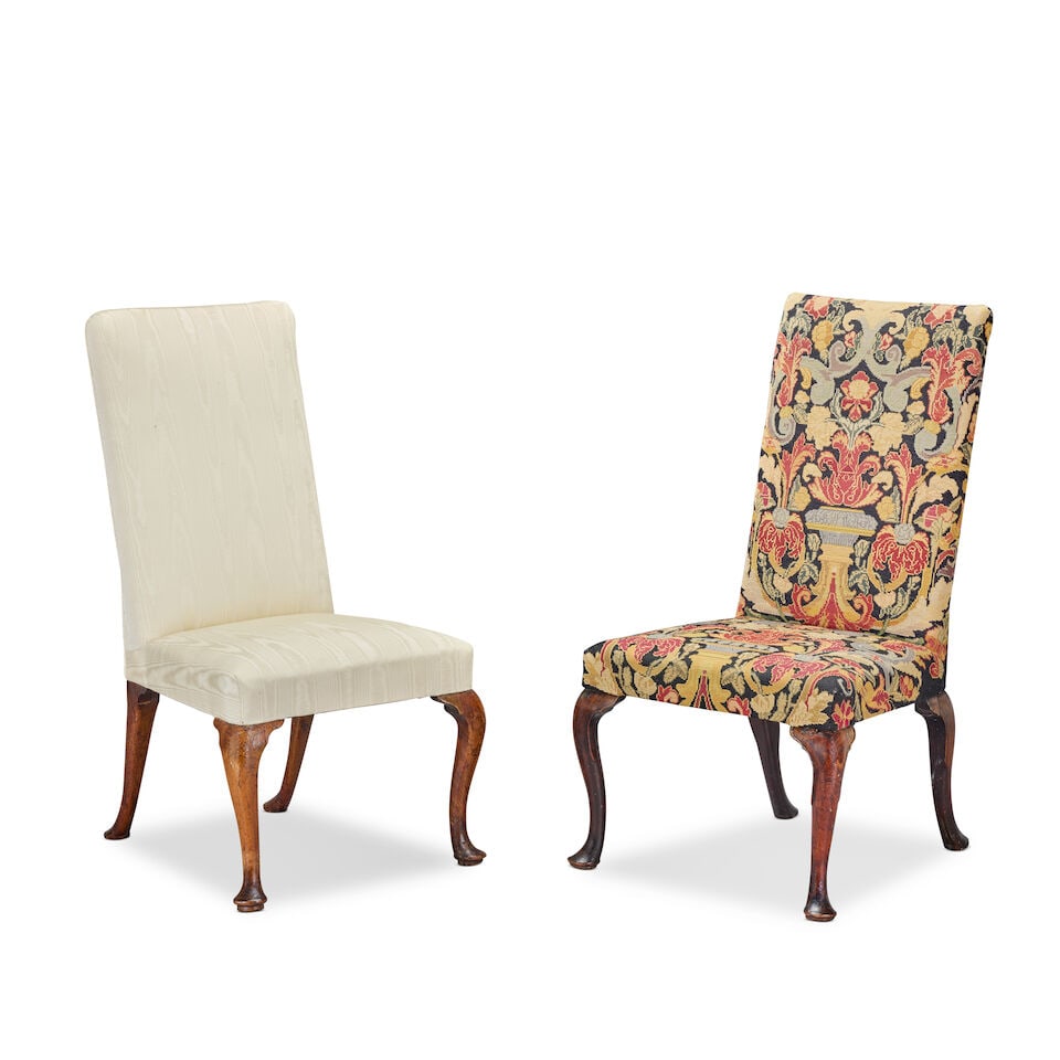 Two George II side chairs 1740-1760, one chair walnut, the other mahogany; both re-railed (2) (1 of 3)