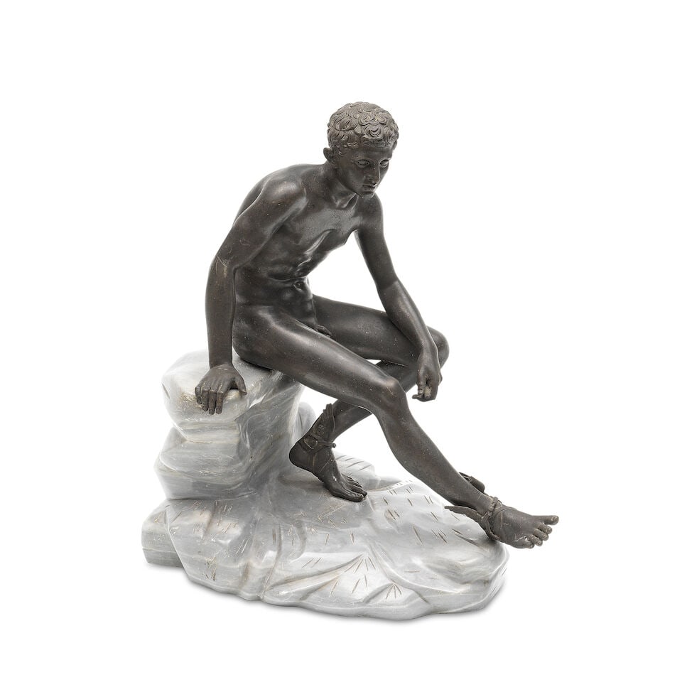 After the antique: An early 20th century Italian Grand Tour type patinated bronze and grey marbl...: After the antique: An early 20th century Italian Grand Tour type patinated bronze and grey marble figure of Mercury seated on a rock, Manufactured by the Sabatino de Angelis & Fils foundry,