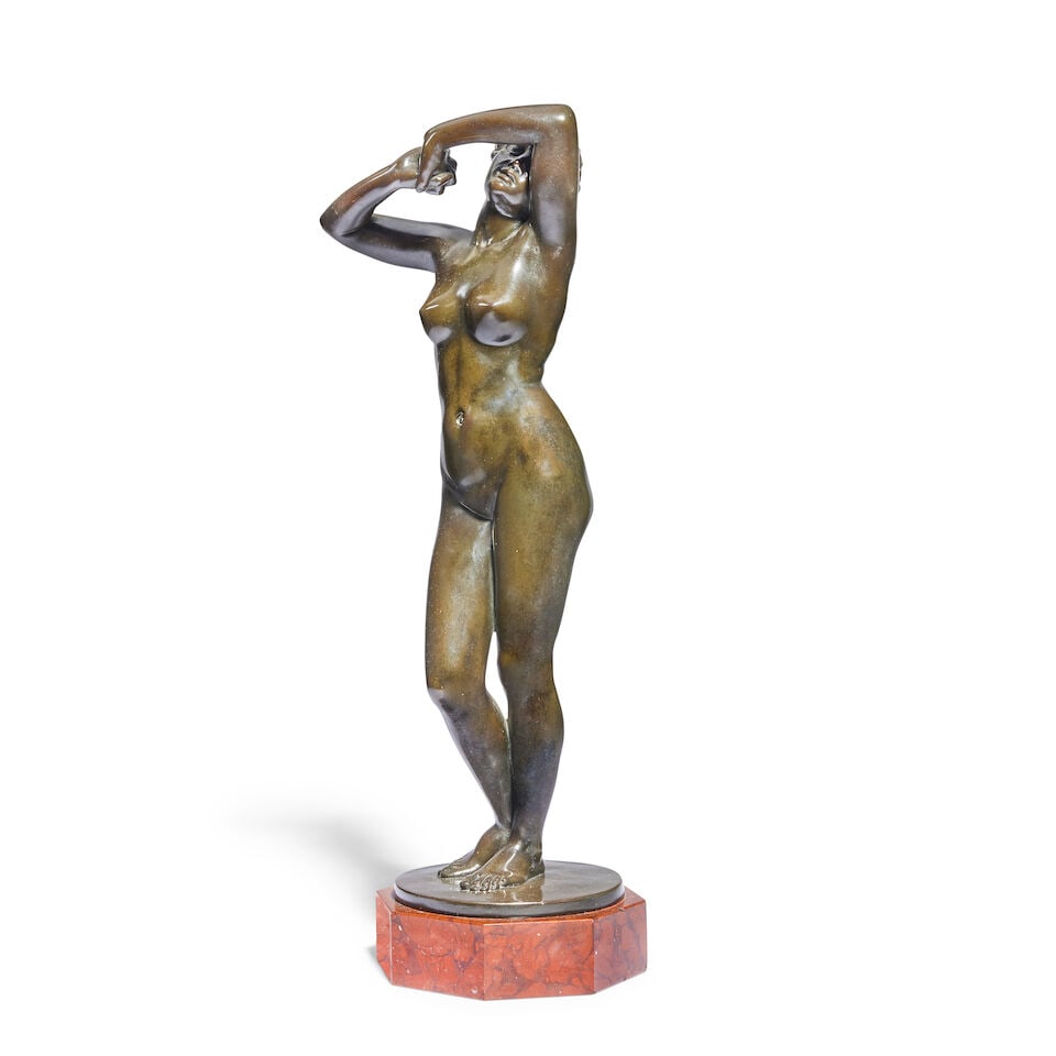 A late 19th century French bronzed copper clad figure of Phryne In the manner of Alexandre Falgu...: A late 19th century French bronzed copper clad figure of Phryne In the manner of Alexandre Falguière (French, 1831-1900) The classical nude maiden with her arms raised and hands clasped on
