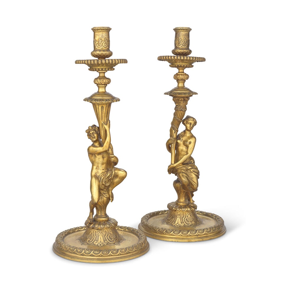 A pair of large 19th century French bronze figural candlesticks After designs by Corneille van ... (1 of 2)