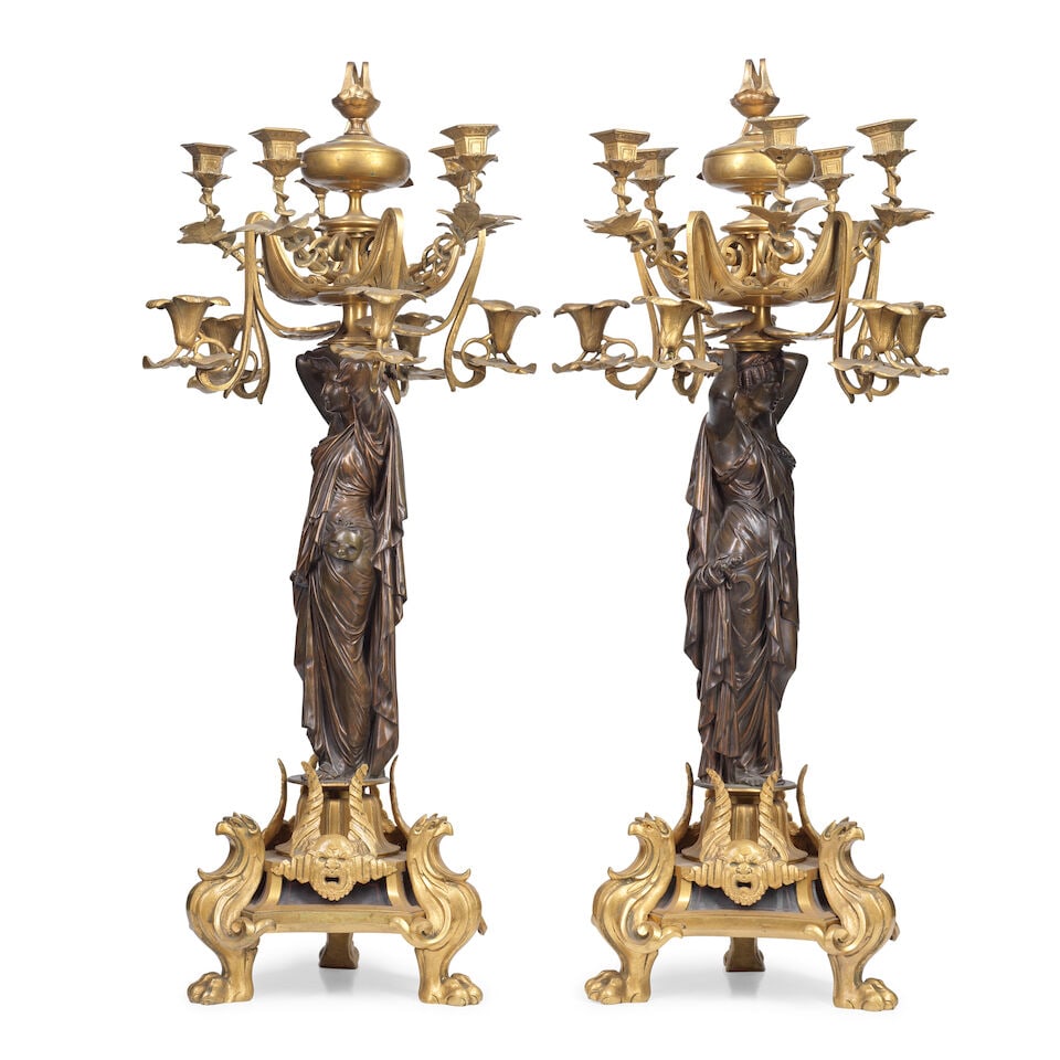 A pair of impressive late 19th century French gilt and patinated bronze ten light figural cande... - 2