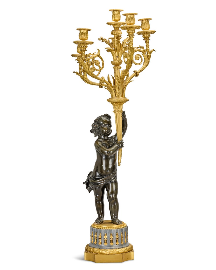 An impressive pair of French late 19th century patinated and gilt bronze figural six-light cande... - 4