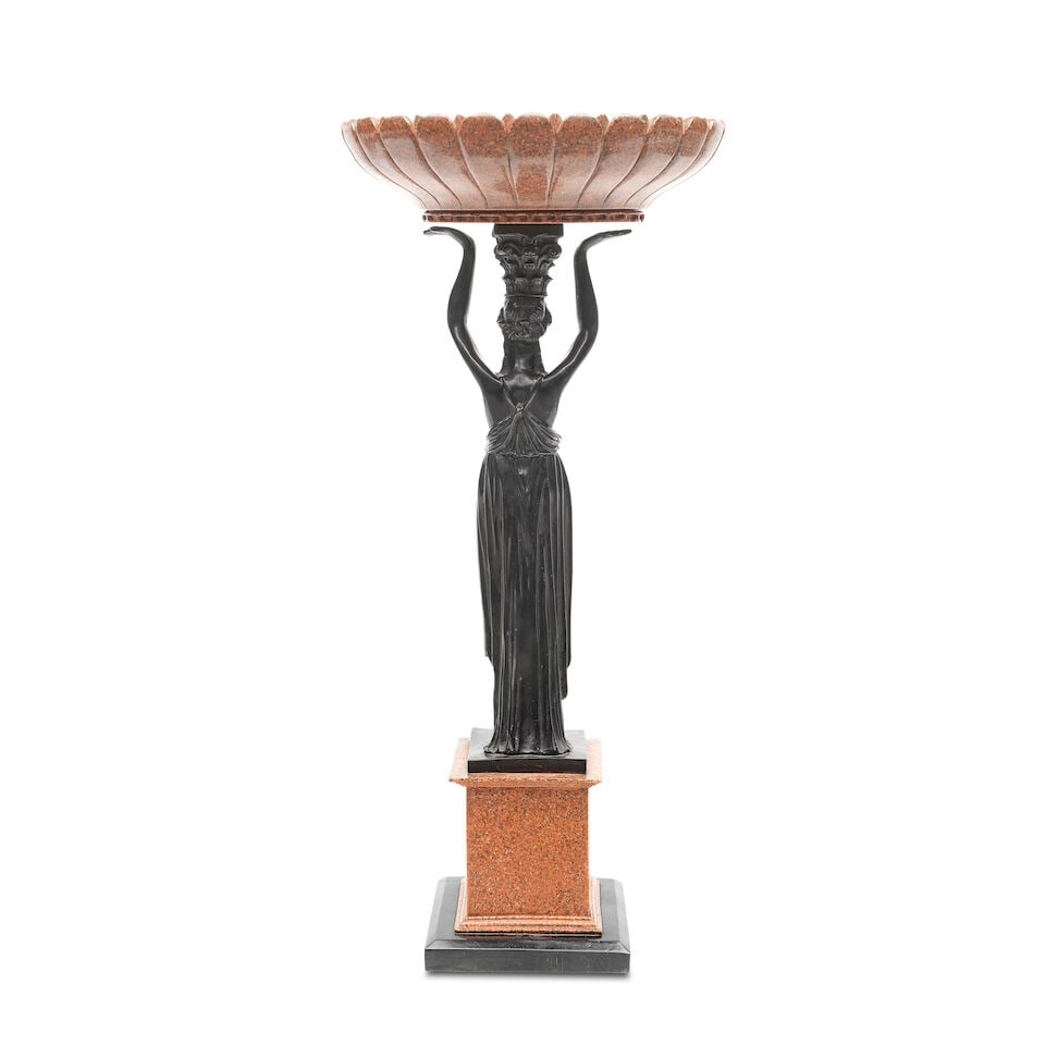 A bronzed resin and simulated pink granite figural tazza In the Empire taste - 2