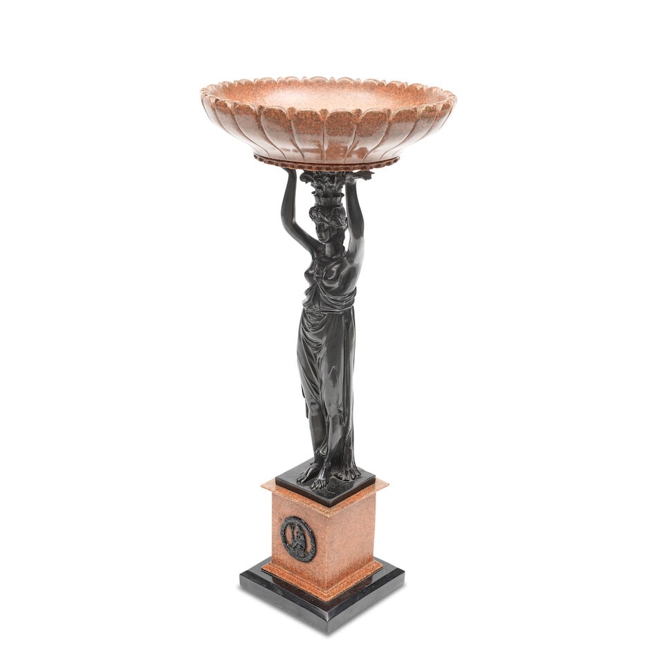 A bronzed resin and simulated pink granite figural tazza In the Empire taste - 3