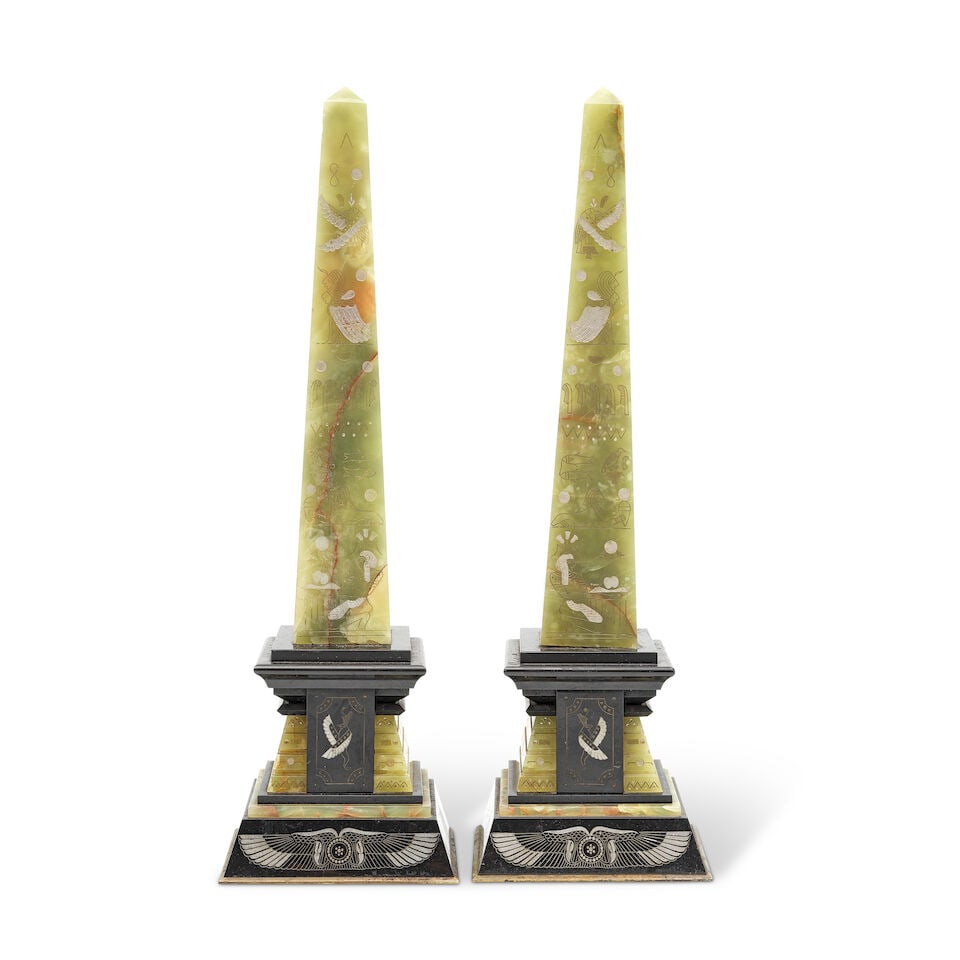 A pair of late 19th century French black slate and green onyx obelisk garniture in the Egyptiane... - 2