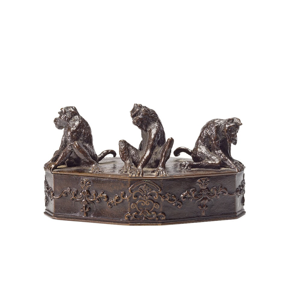 Christopher Fratin (French, 1801-1864): A patinated bronze lidded box in the form of a casket wi... (1 of 3)