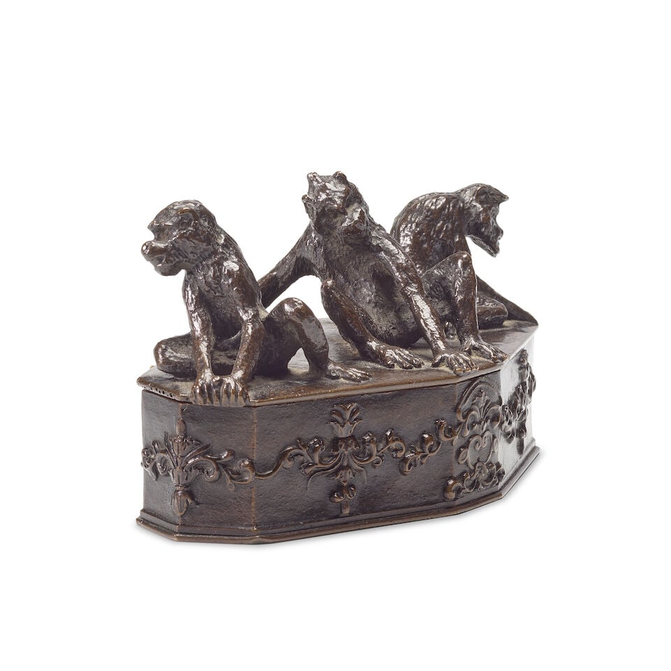 Christopher Fratin (French, 1801-1864): A patinated bronze lidded box in the form of a casket wi... - 2