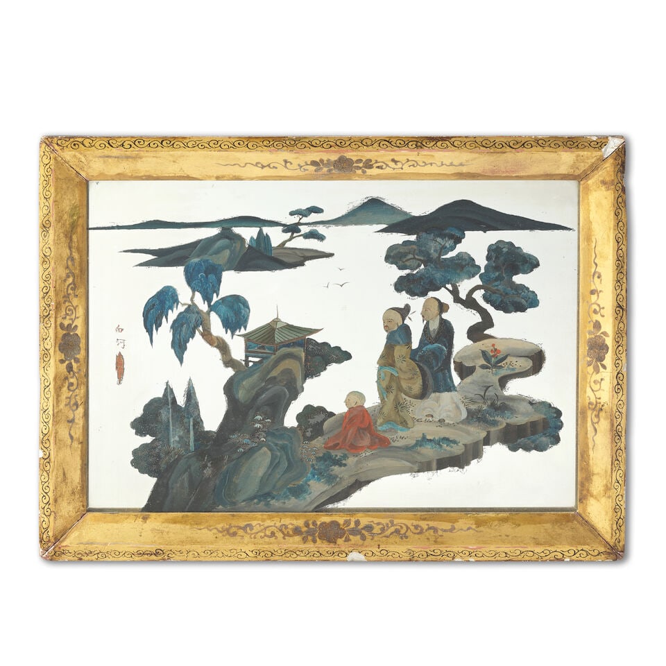 A Chinese export reverse painted figural landscape mirror panel mounted within a japanned gilt f... (1 of 1)