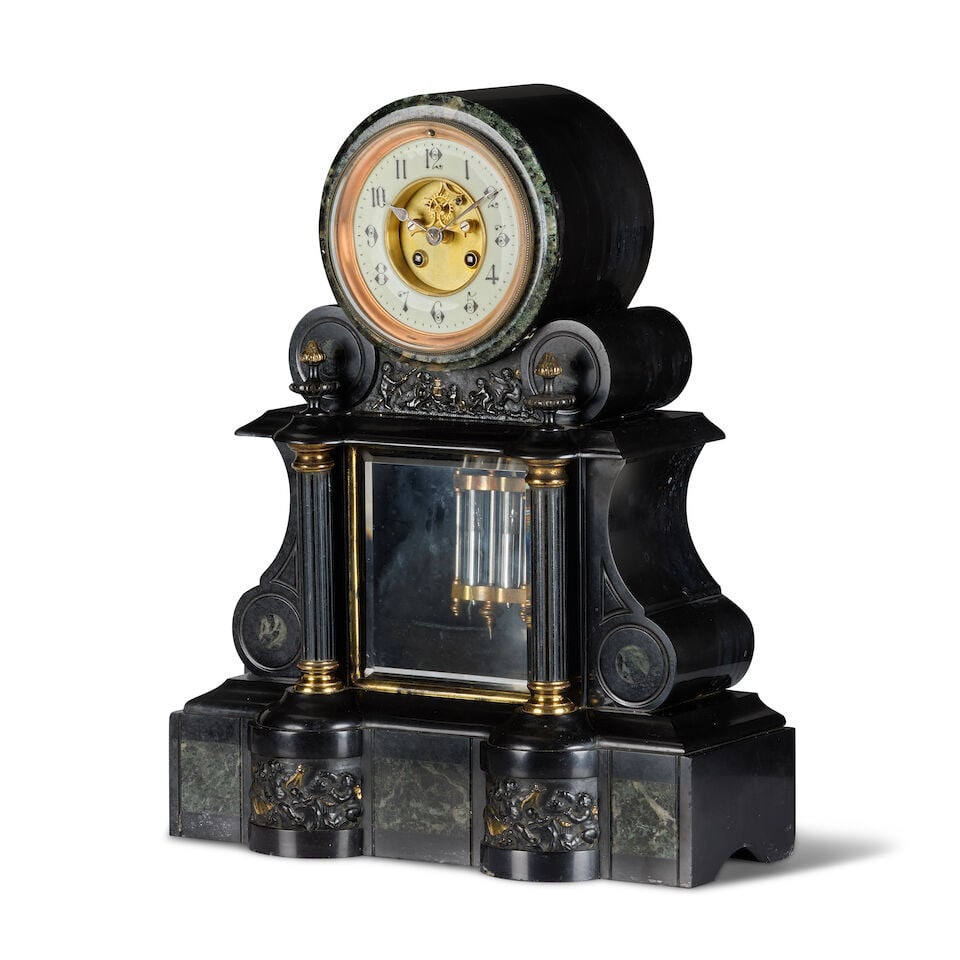 A late 19th century French black slate and serpentine marble mantle clock The dial signed A.D. M... (1 of 1)