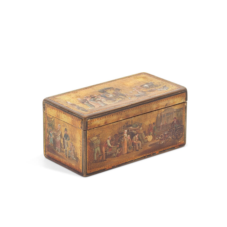 An early 19th century gilt metal mounted red Morocco leather circular snuff box, the glazed lid... - 6