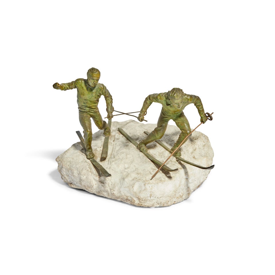 An early 20th century French patinated bronze model of two skiers signed R. David - 2