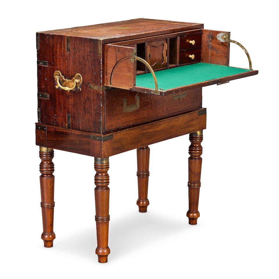 A first half 19th century teak and brass mounted secretaire campaign chest The chest probably or... - 2