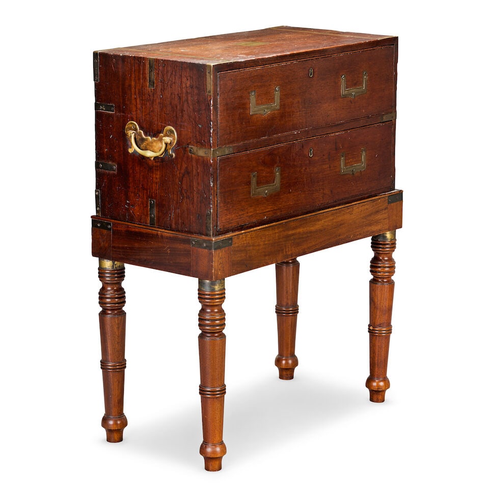 A first half 19th century teak and brass mounted secretaire campaign chest The chest probably or... - 3