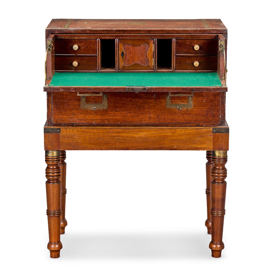 A first half 19th century teak and brass mounted secretaire campaign chest The chest probably or... - 4