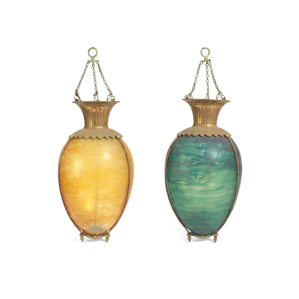 Two gilt metal mounted and painted glass hanging carboys Probably late 19th/early 20th century (2): Two gilt metal mounted and painted glass hanging carboys Probably late 19th/early 20th century Each of ovoid form with everted necks with gilt suspension collars and chains with suspension loops, one