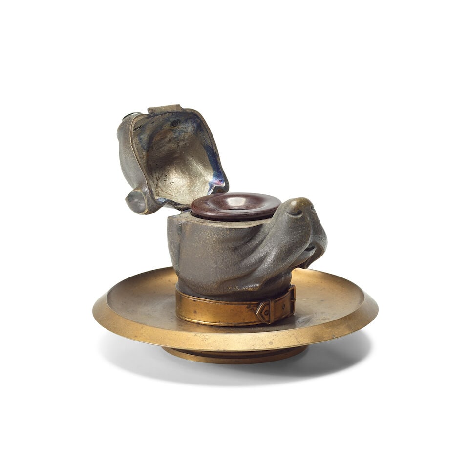 A Victorian patinated and gilt bronze bullmastiff head inkwell Circa 1870 (1 of 3)