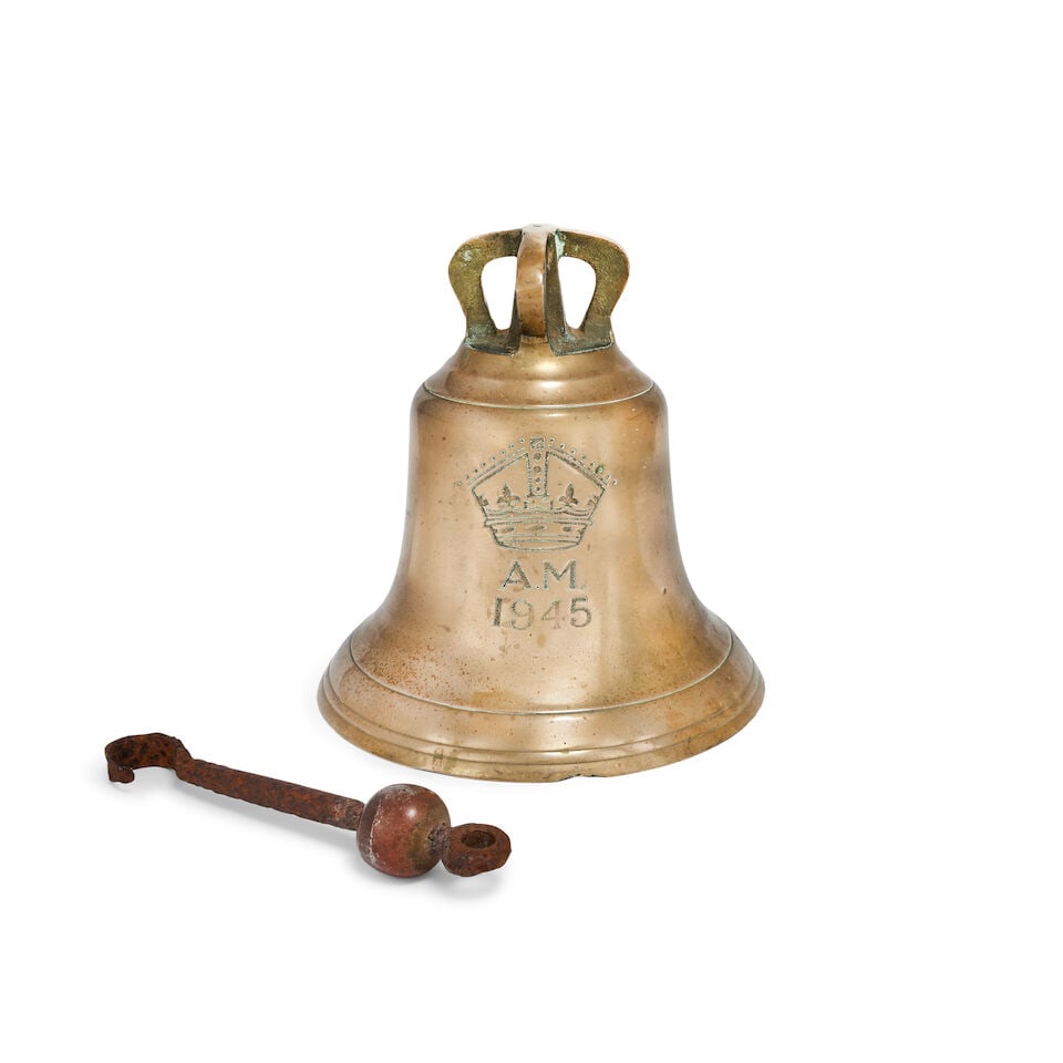 An Air Ministry 'Scramble Bell' British 1945 (3): An Air Ministry 'Scramble Bell' British 1945 The standard sized bell, cast in bronze alloy 'bell metal', engraved with large air ministry crown 'A.M.', dated 1945, with clapper together with a modern