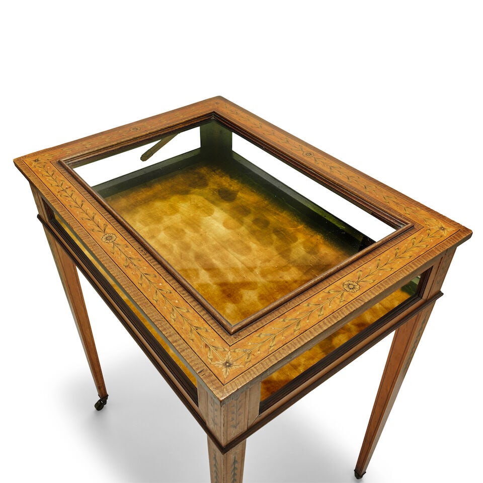 A late Victorian satinwood, harewood, purplewood and engraved fruitwood inlaid bijouterie table ... - 2