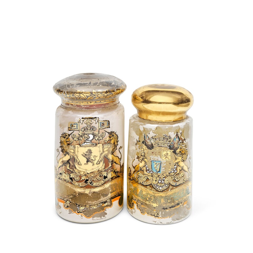 Two 19th Century verre églomisé decorated glass apothecary jars and covers (2) (1 of 1)