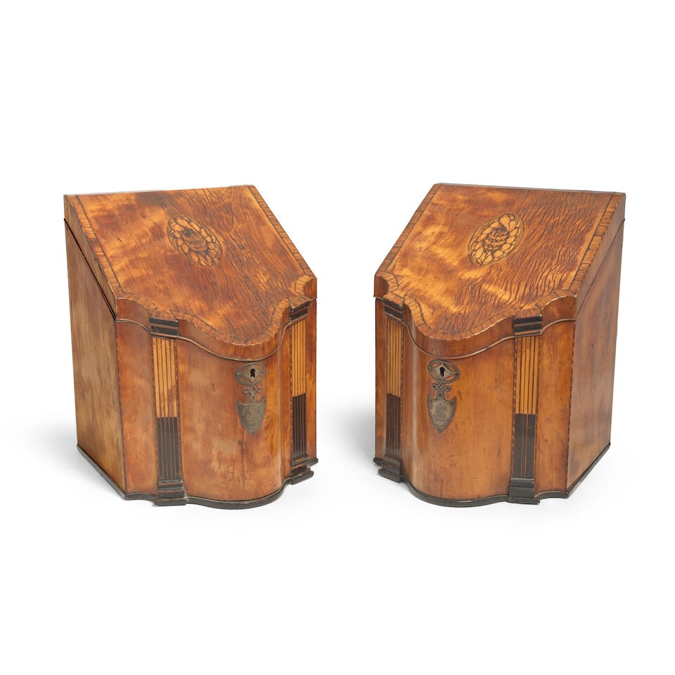 A pair of George III crossbanded, checker strung and marquetry inlaid satinwood knife-boxes (2) (1 of 2)