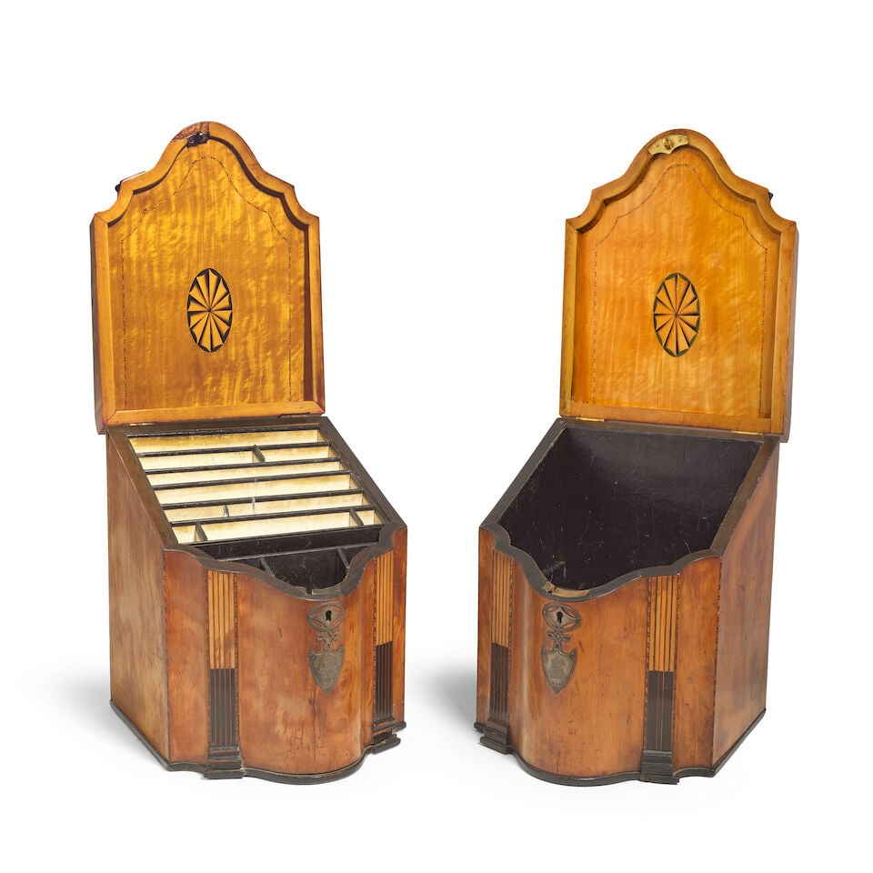 A pair of George III crossbanded, checker strung and marquetry inlaid satinwood knife-boxes (2) - 2