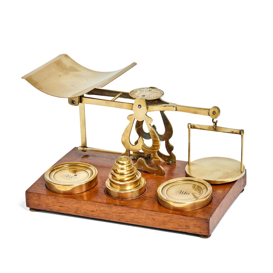 A set of late Victorian brass and oak postal scales with weights (1 of 2)