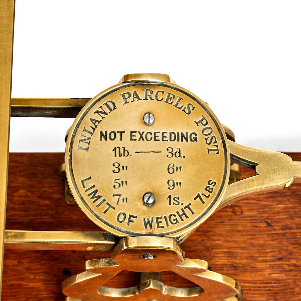 A set of late Victorian brass and oak postal scales with weights - 2