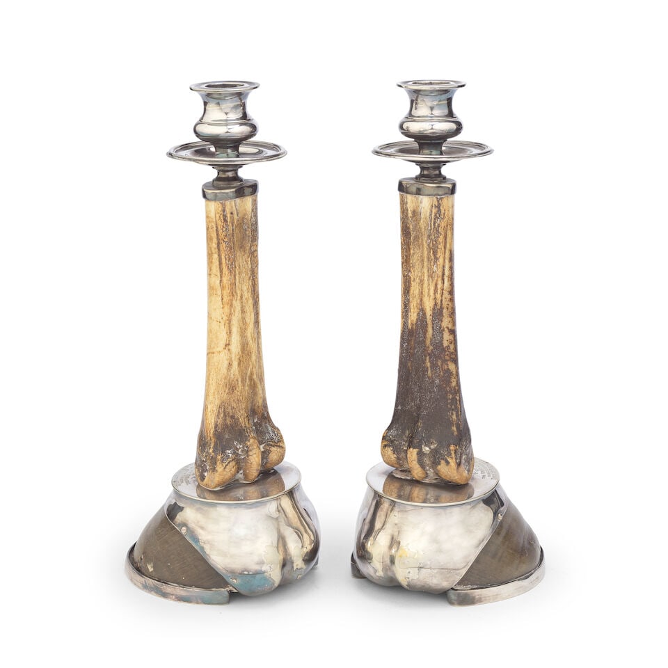 OF RACING INTEREST: A pair of early 20th century electroplate mounted horse bone and hoof commem... - 2