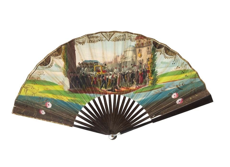 Three Continental commemorative printed and hand coloured folding fans The first probably Ital... - 3