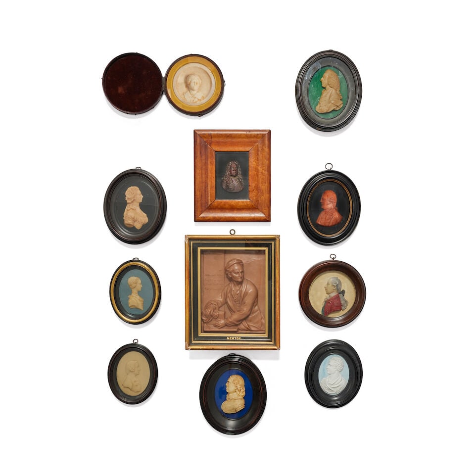An interesting collection of ten relief moulded profile portraits, mostly in wax including three...: An interesting collection of ten relief moulded profile portraits, mostly in wax including three examples bearing signatures for Issac Gosset (British, 1713-1799) Late 18th and 19th