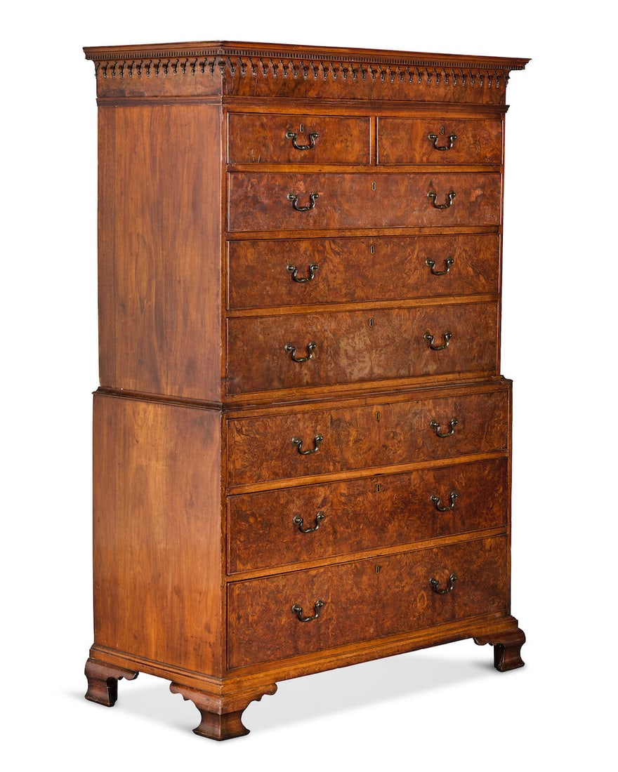 A George III yew wood and mahogany chest on chest - 2