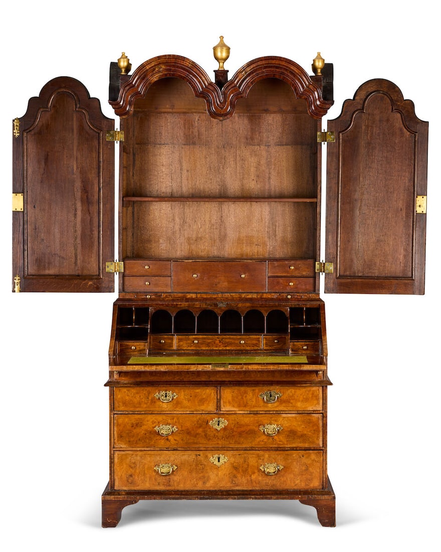 A Queen Anne or George I walnut, crossbanded and featherbanded bureau cabinet 1710-1725, some el... - 5