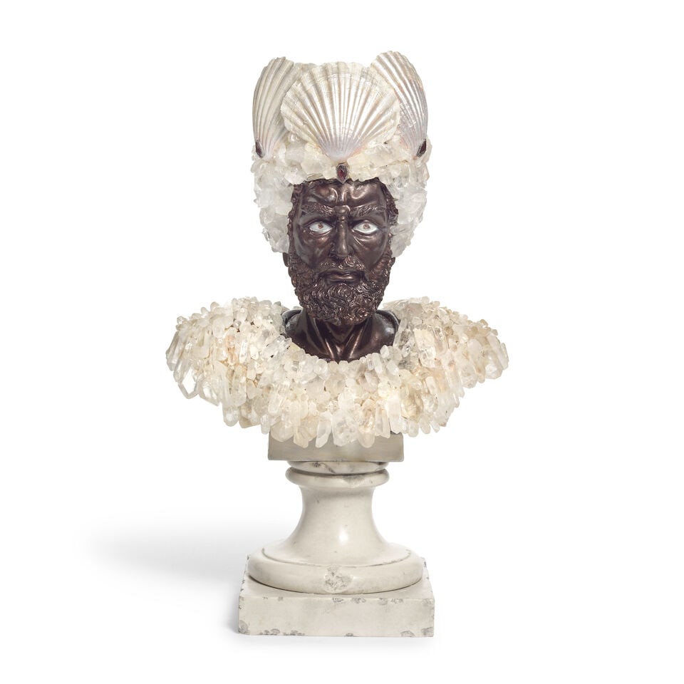 A shell and quartz specimen mounted black resin bust of Neptune In the manner of Anthony Redmile (1 of 4)