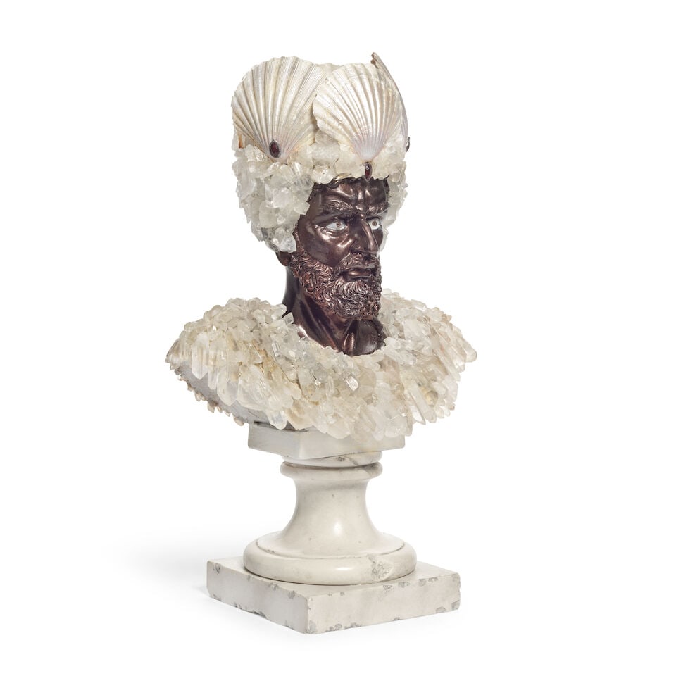 A shell and quartz specimen mounted black resin bust of Neptune In the manner of Anthony Redmile - 3