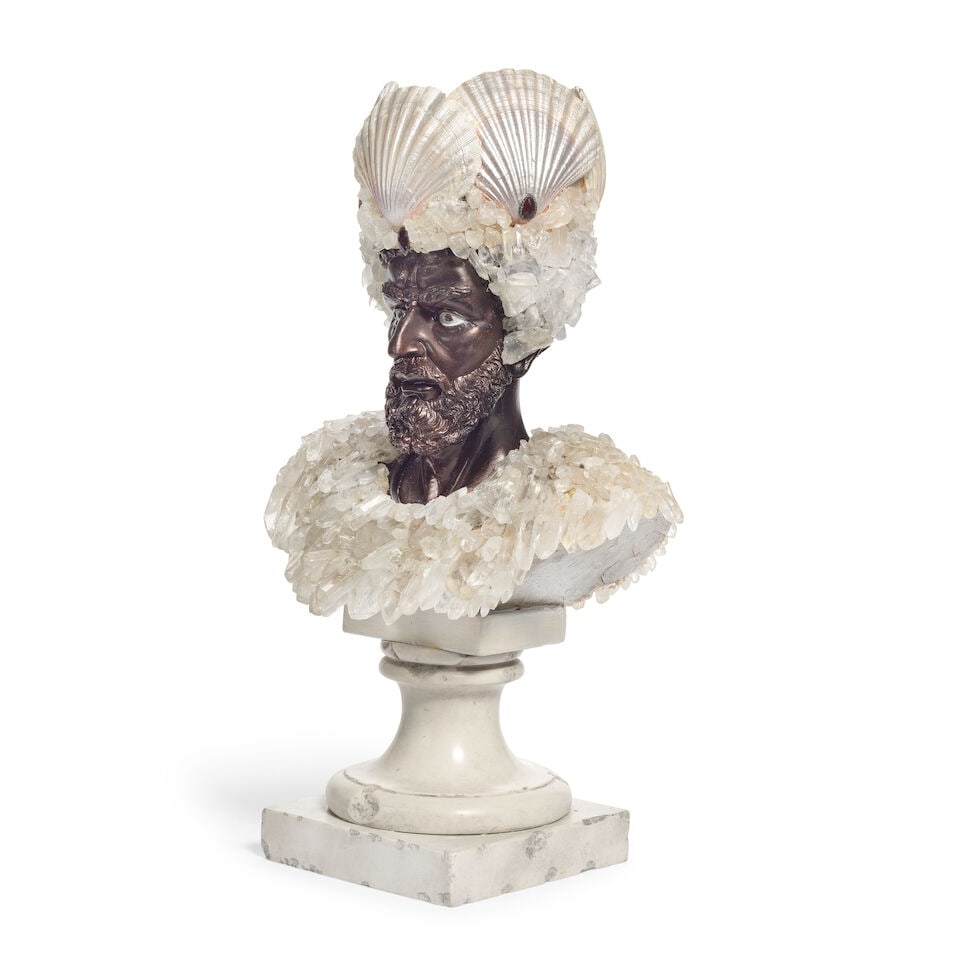 A shell and quartz specimen mounted black resin bust of Neptune In the manner of Anthony Redmile - 4