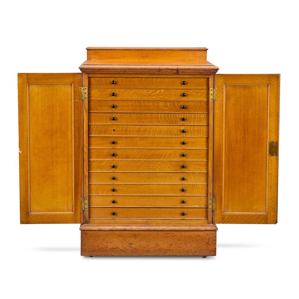 A late Victorian oak collectors cabinet containing a collection of wood specimens (1 of 5)