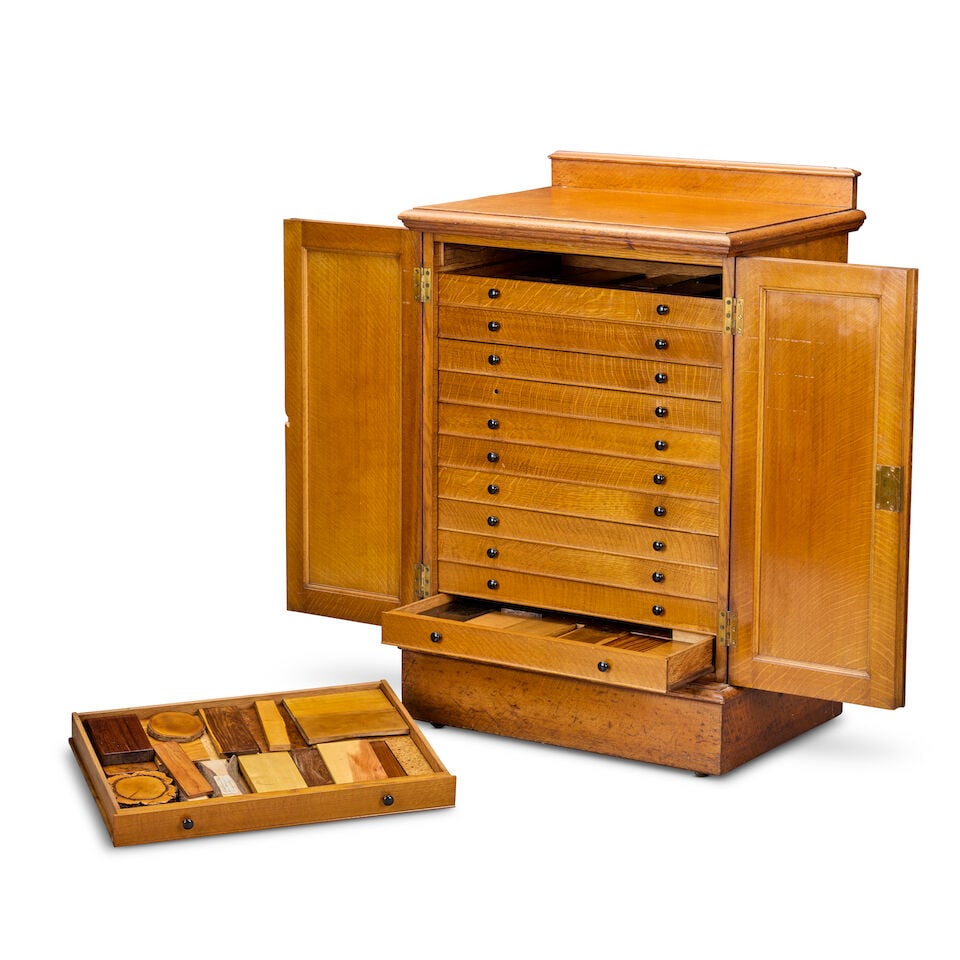 A late Victorian oak collectors cabinet containing a collection of wood specimens - 2