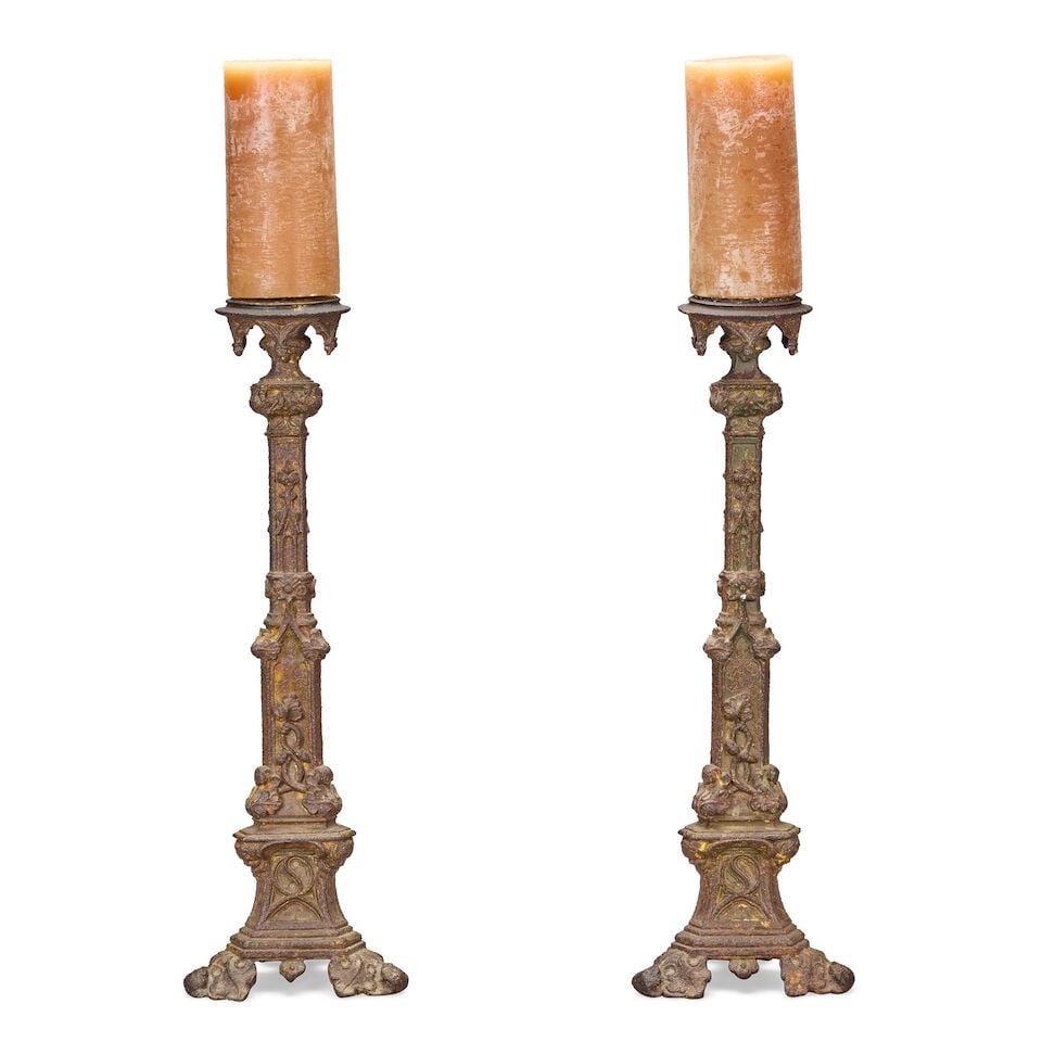 A pair of painted cast metal pricket torcheres In the Gothic style, probably late 19th century (2) (1 of 4)