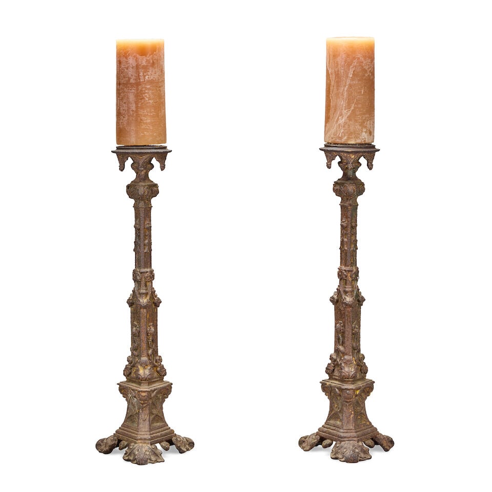 A pair of painted cast metal pricket torcheres In the Gothic style, probably late 19th century (2) - 4