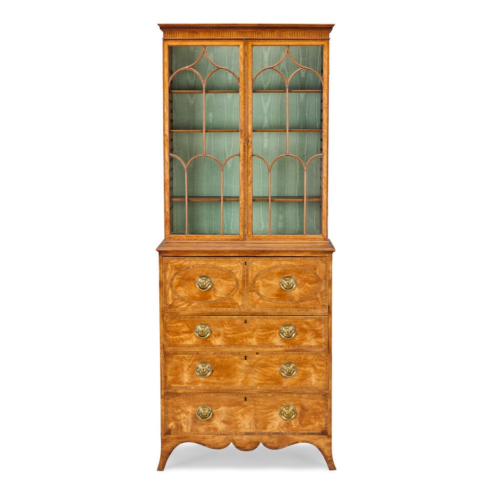 A George III satinwood, goncalo alves crossbanded and purplewood secretaire bookcase of attracti... (1 of 7)