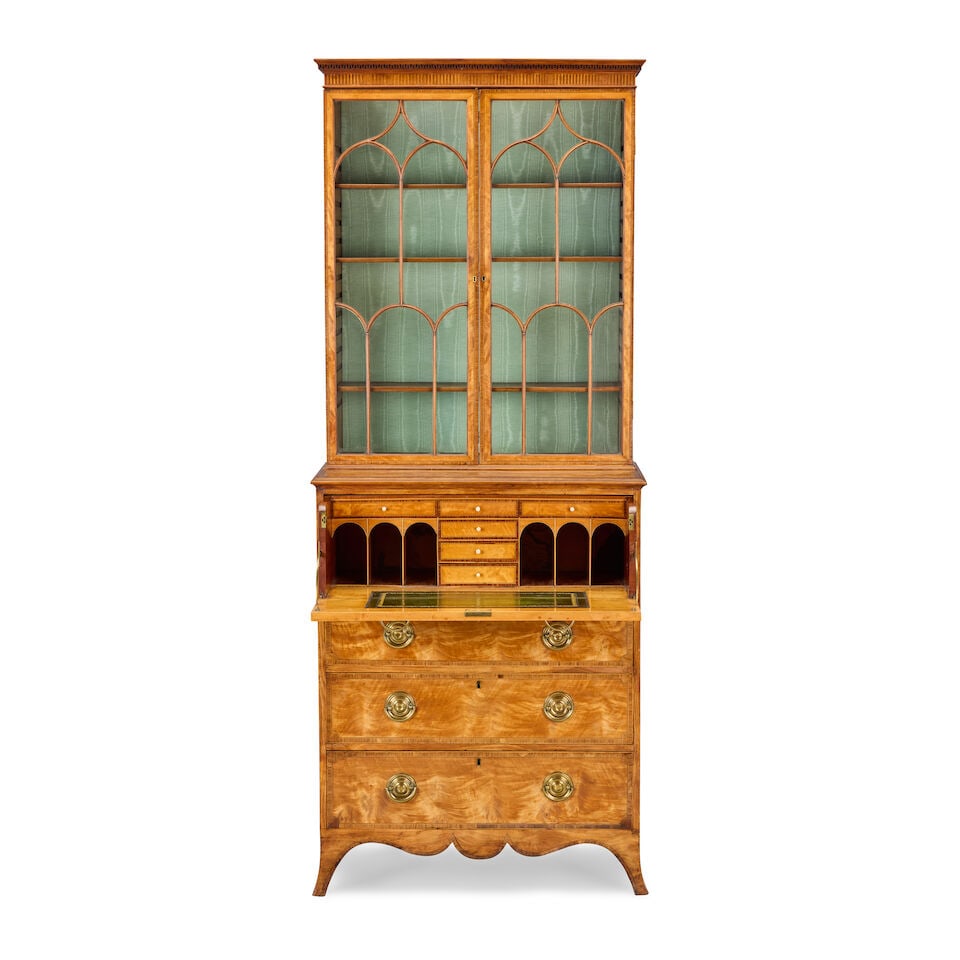 A George III satinwood, goncalo alves crossbanded and purplewood secretaire bookcase of attracti... - 7