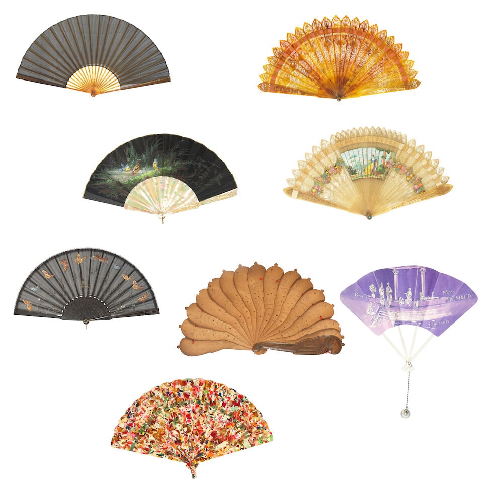 An interesting collection of eight European folding fans in blonde tortoiseshell, carved horn, ... (1 of 17)