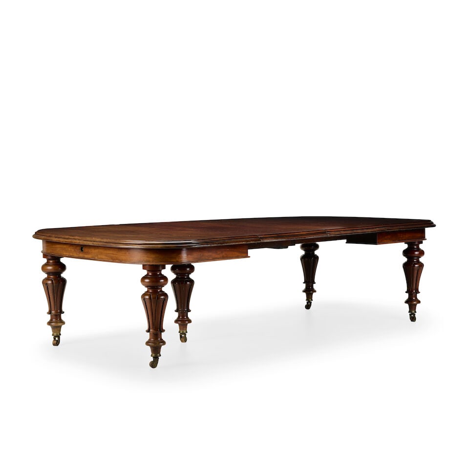 A good early Victorian mahogany telescopic-action extending dining table together with its table... (1 of 2)