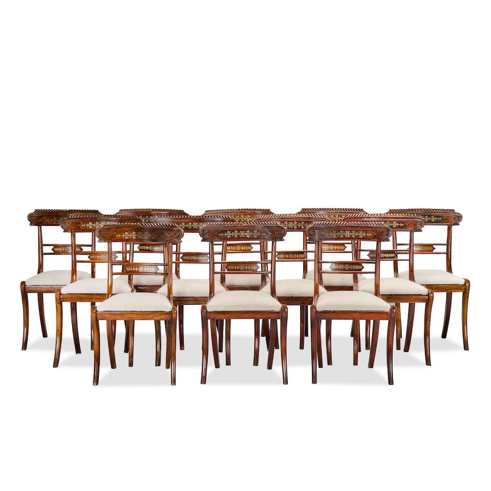 A matched set of twelve simulated rosewood and brass inlaid dining chairs Nine chairs: Regency (... (1 of 4)