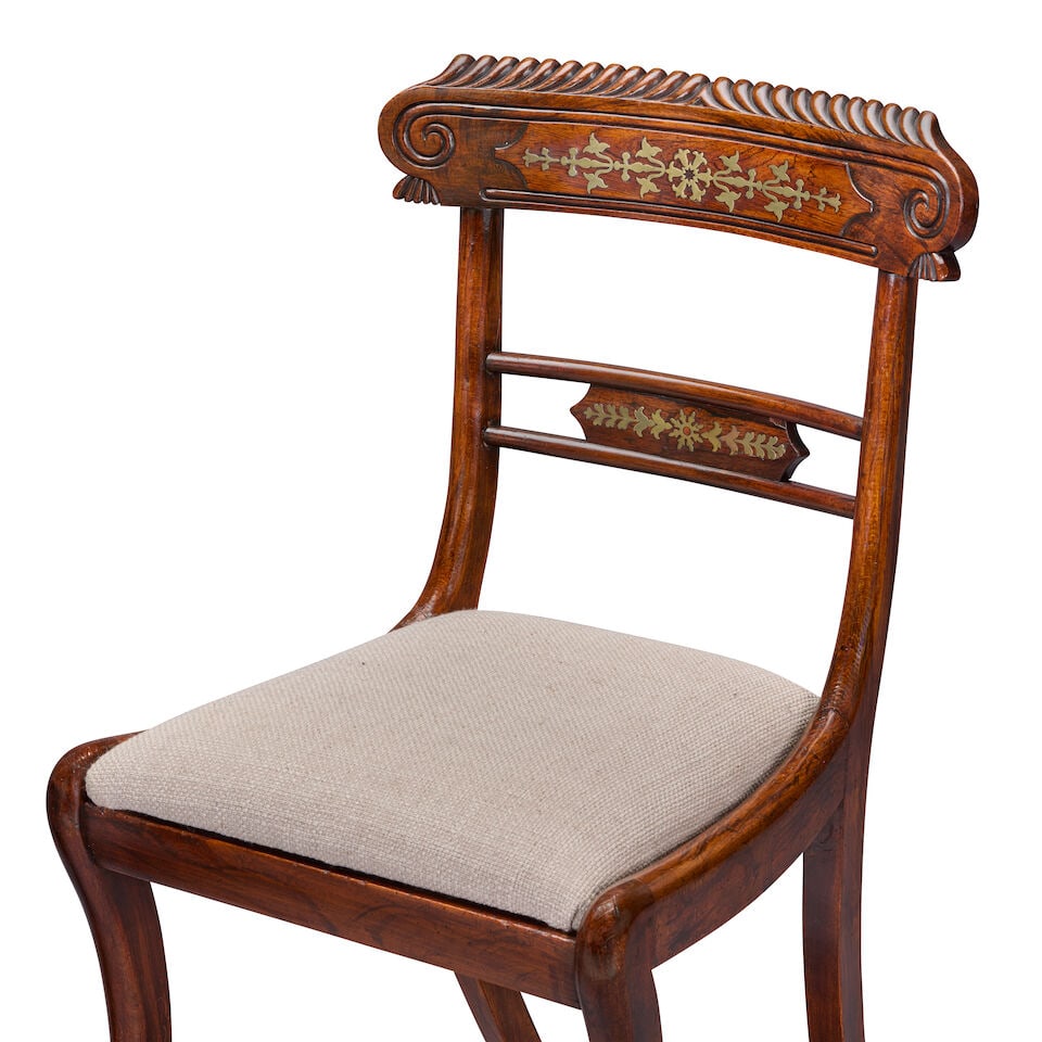 A matched set of twelve simulated rosewood and brass inlaid dining chairs Nine chairs: Regency (... - 3