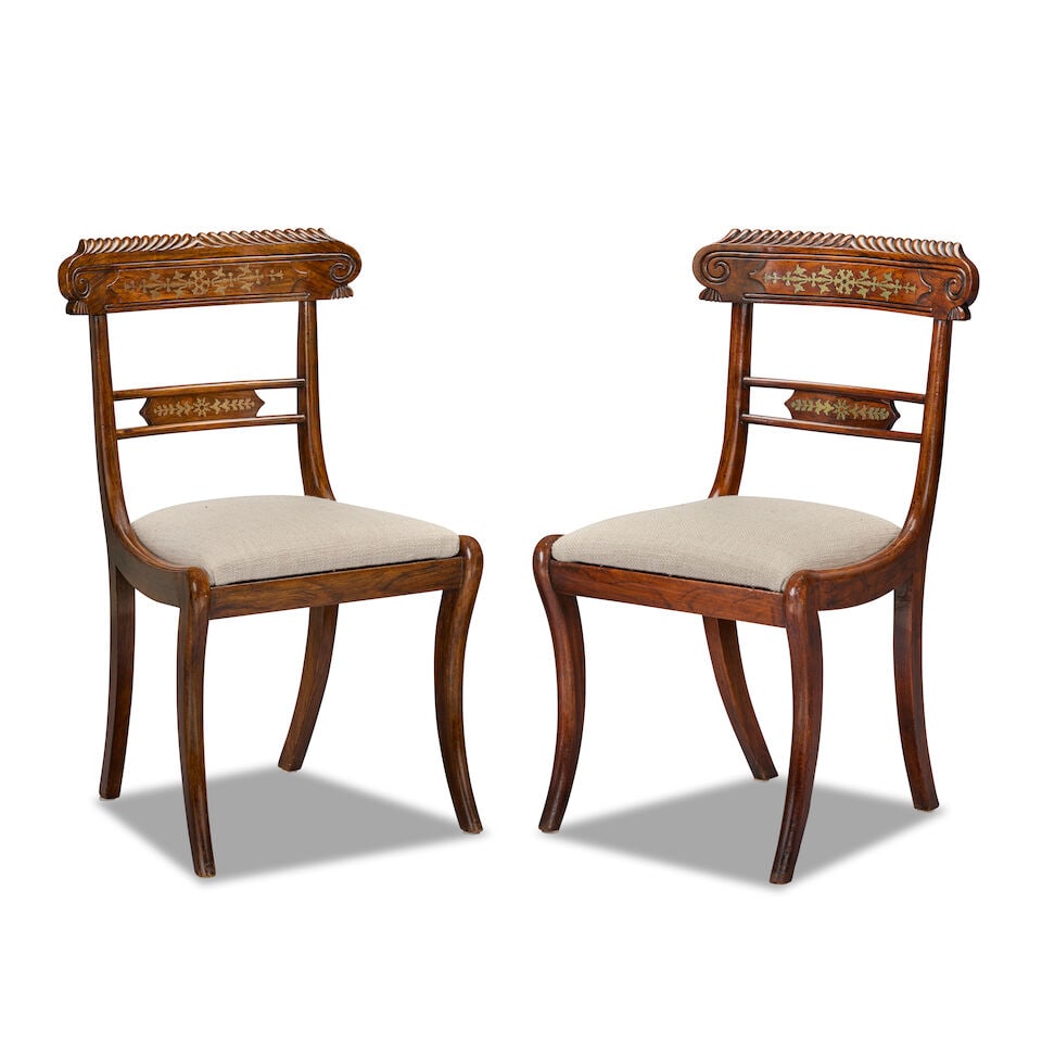 A matched set of twelve simulated rosewood and brass inlaid dining chairs Nine chairs: Regency (... - 4