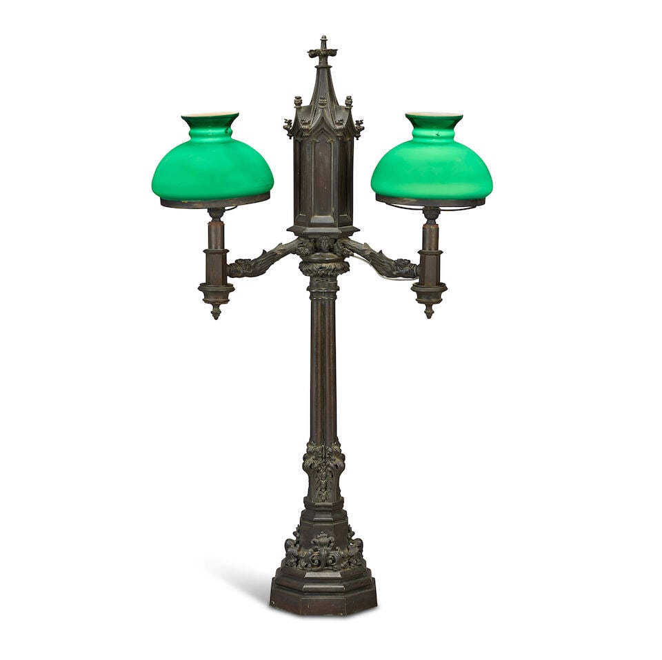 A second quarter 19th century patinated bronze twin light colza lamp in the Gothic taste In the ... (1 of 5)