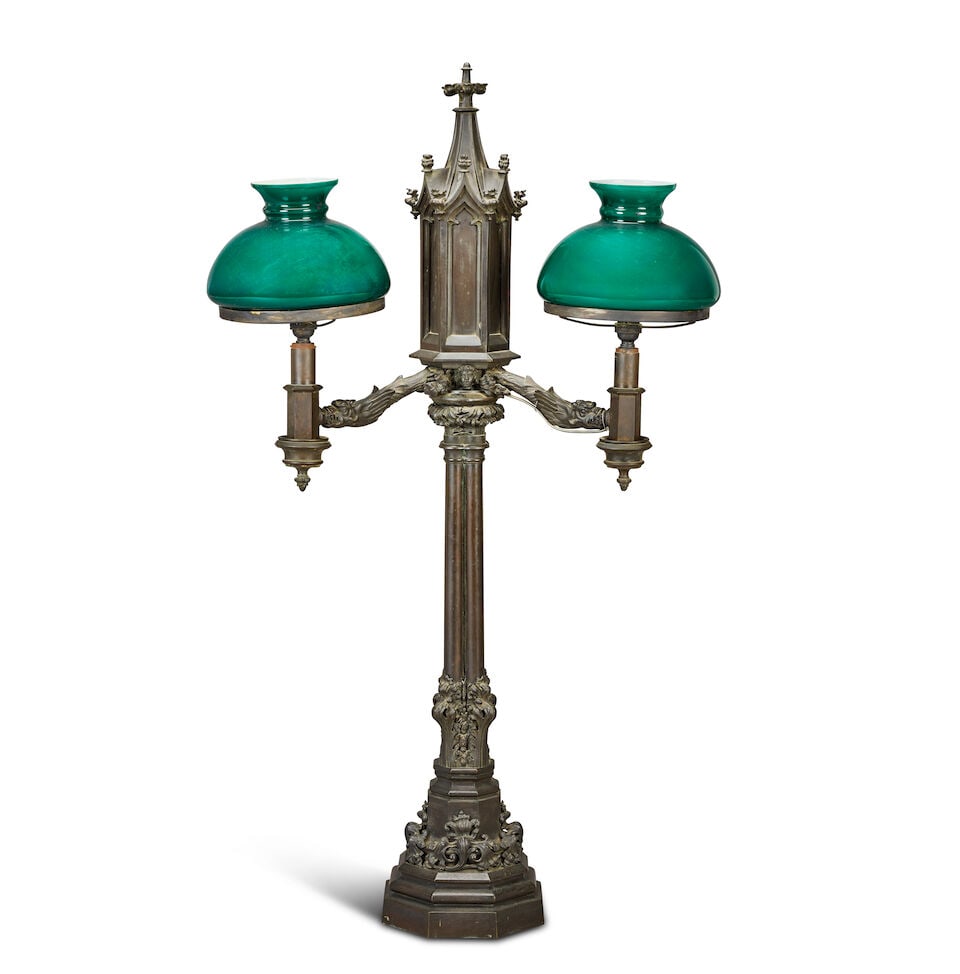 A second quarter 19th century patinated bronze twin light colza lamp in the Gothic taste In the ... - 2