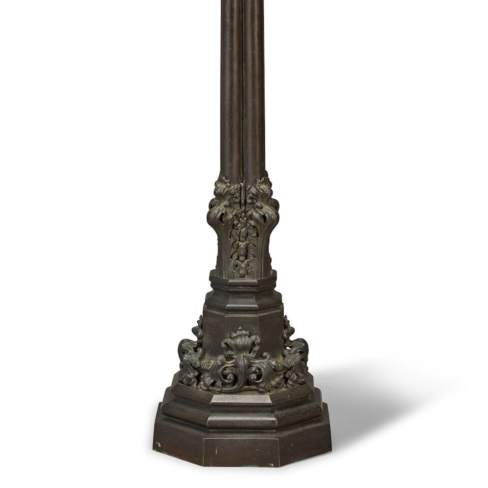 A second quarter 19th century patinated bronze twin light colza lamp in the Gothic taste In the ... - 3