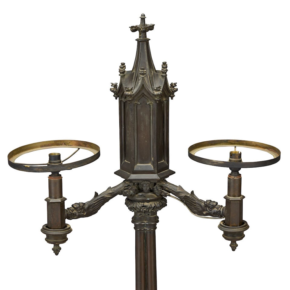 A second quarter 19th century patinated bronze twin light colza lamp in the Gothic taste In the ... - 4
